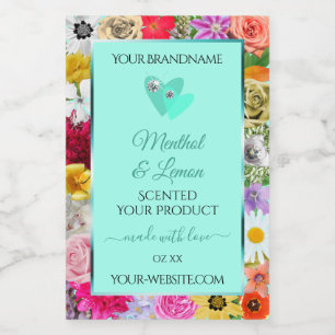 Colourful Floral Light Teal Product Labels Hearts