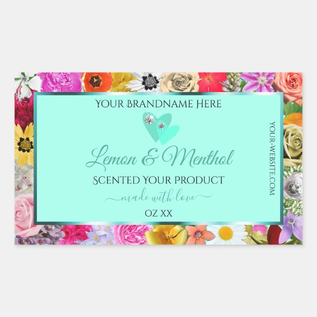 Colourful Floral Light Teal Product Labels Hearts (Front)