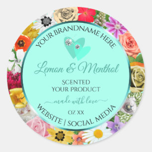 Colourful Floral Light Teal Product Labels Hearts