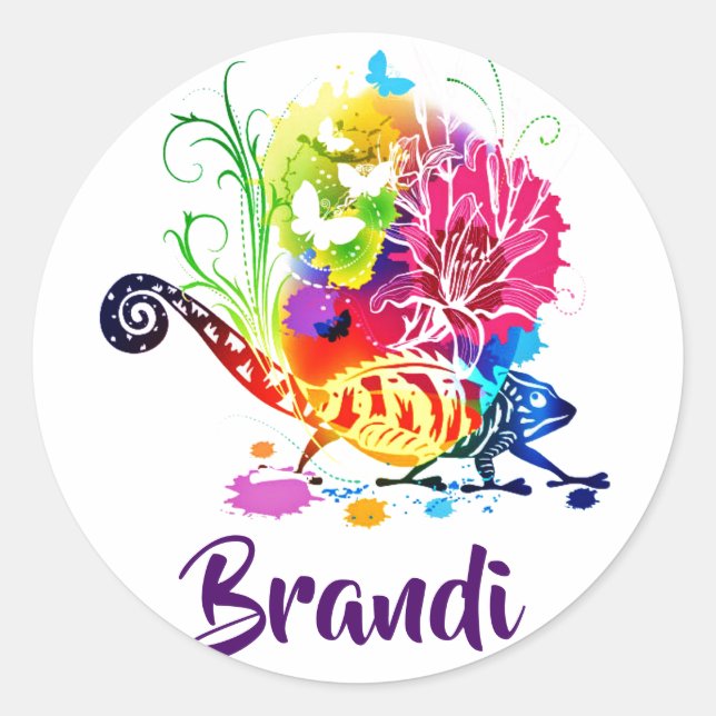 Colourful floral lizard personalised  classic round sticker (Front)