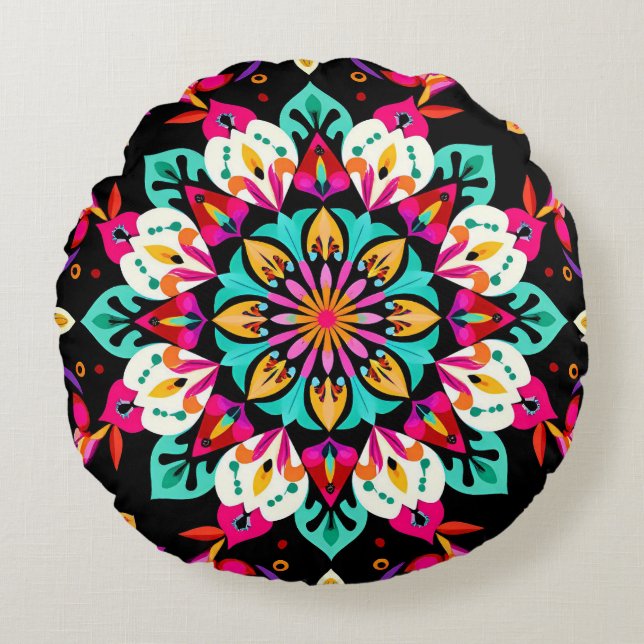 Colourful Floral Mandala Pattern Round Cushion (Front)