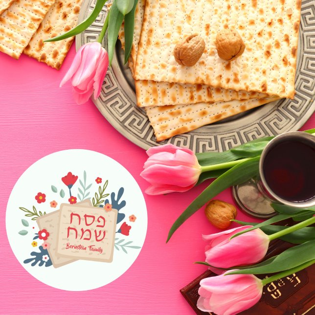 Colourful Floral Matzah Hebrew Happy Passover  Classic Round Sticker (Creator Uploaded)
