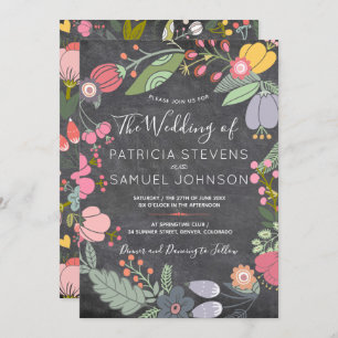 Colourful floral meadow wreath chalkboard wedding invitation