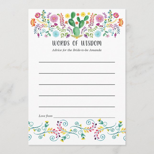 Colourful Floral Mexican Fiesta Bridal Shower Advice Card (Front)