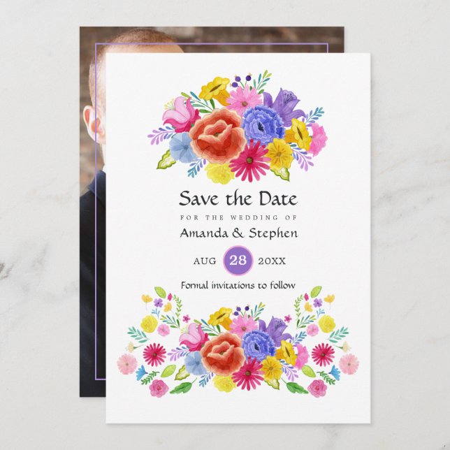 Colourful Floral Mexican Fiesta Wedding Photo Save The Date (Front/Back)