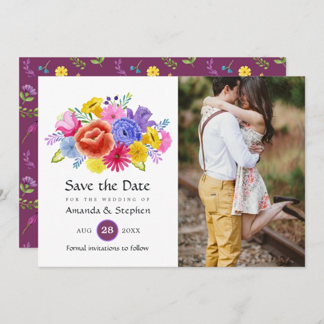 Colourful Floral Mexican Fiesta Wedding Photo Save The Date (Front/Back)