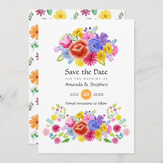Colourful Floral Mexican Fiesta Wedding Save The Date (Front/Back)