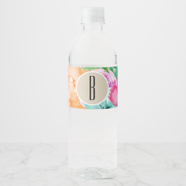 Colourful Floral Modern Rustic Botanical Kraft Water Bottle Label (Front)