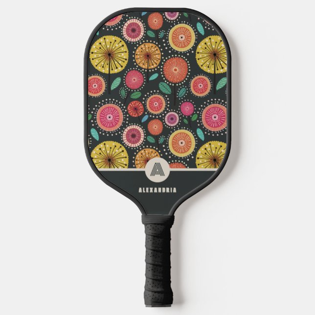 Colourful Floral Monogram Pickleball Paddle (Front)