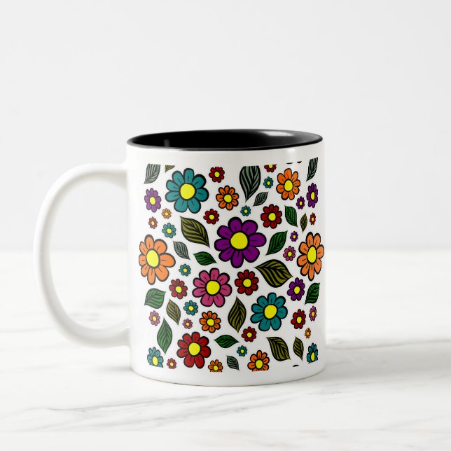 Colourful Floral Nature Pattern Two-Tone Coffee Mug (Left)