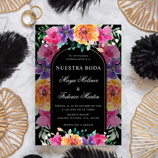 Colourful Floral Nuestra Boda Spanish Wedding Invitation (Creator Uploaded)