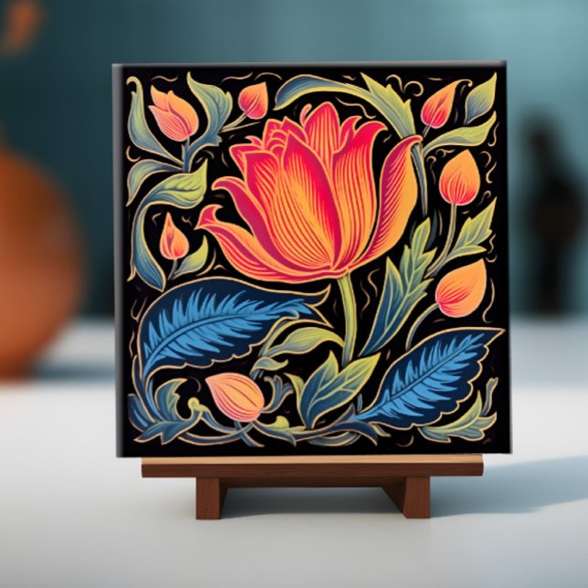 Colourful Floral on Black   Ceramic Tile (Image of a floral tile on a display stand)