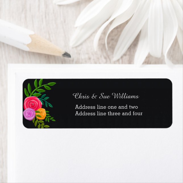 Colourful Floral on Black Return Address Label (Insitu)