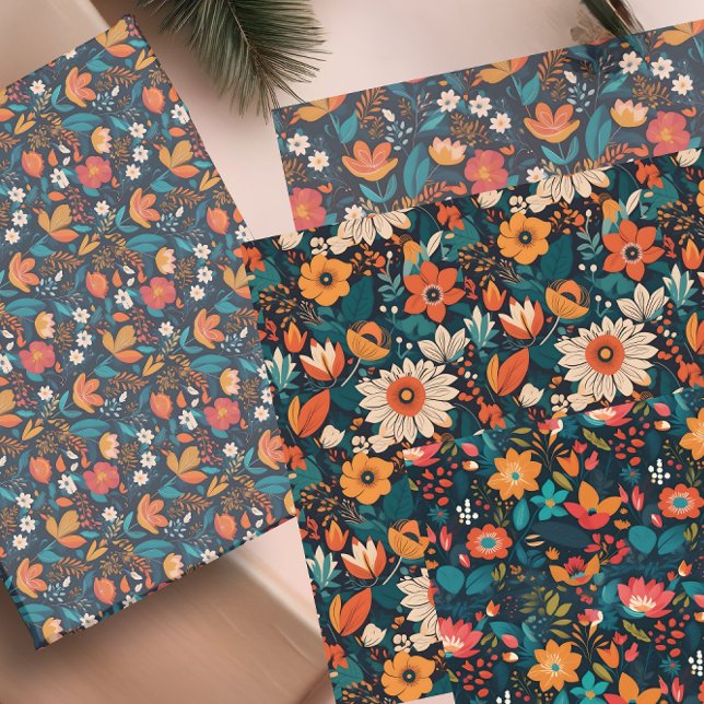 Colourful Floral on Black Set of Three Different  Wrapping Paper Sheet (Creator Uploaded)