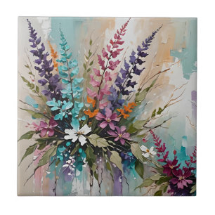 Colourful Floral on Blue Beige White Lavender Ceramic Tile
