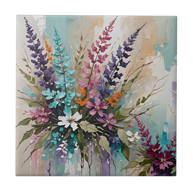 Colourful Floral on Blue Beige White Lavender Ceramic Tile (Front)