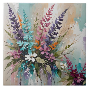 Colourful Floral on Blue Beige White Lavender Ceramic Tile