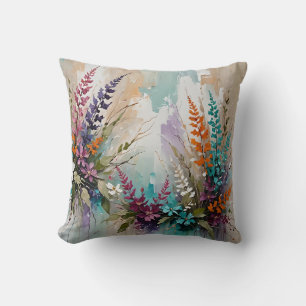 Colourful Floral on Blue Beige White Lavender Cushion