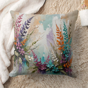 Colourful Floral on Blue Beige White Lavender  Cushion