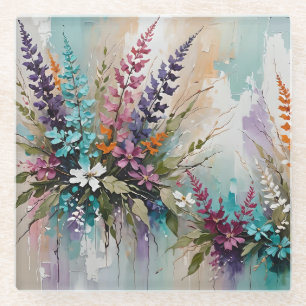 Colourful Floral on Blue Beige White Lavender Glass Coaster