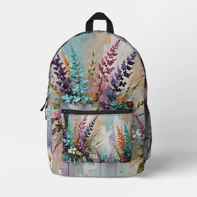 Colourful Floral on Blue Beige White Lavender Printed Backpack (Front)