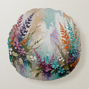 Colourful Floral on Blue Beige White Lavender  Round Cushion