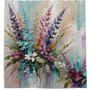 Colourful Floral on Blue Beige White Lavender  Shower Curtain