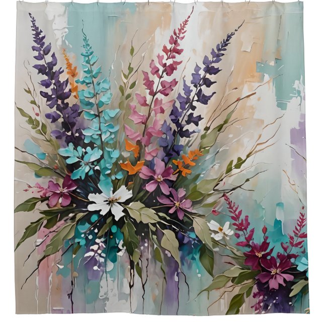 Colourful Floral on Blue Beige White Lavender  Shower Curtain (Front)