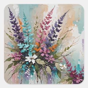 Colourful Floral on Blue Beige White Lavender Square Sticker