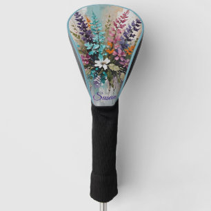 Colourful Floral on Blue Beige White -*Personalise Golf Head Cover
