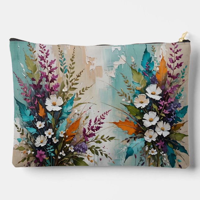 Colourful Floral on Teal Blue Beige  Accessory Pouch (Back)