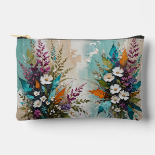 Colourful Floral on Teal Blue Beige Accessory Pouch