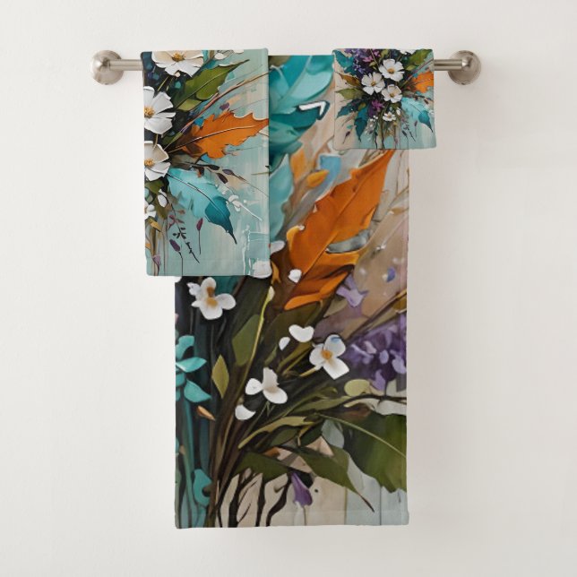 Colourful Floral on Teal Blue Beige  Bath Towel Set (Insitu)