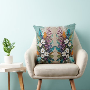 Colourful Floral on Teal Blue Beige  Cushion