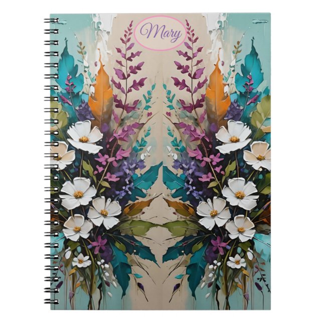 Colourful Floral on Teal Blue Beige *Personalise* Notebook (Front)