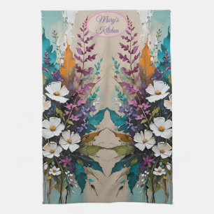 Colourful Floral on Teal Blue Beige *PERSONALIZE* Tea Towel