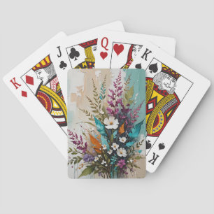 Colourful Floral on Teal Blue Beige  Playing Cards