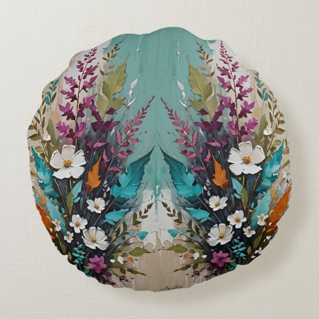 Colourful Floral on Teal Blue Beige  Round Cushion (Back)