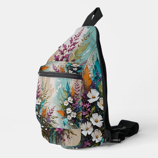 Colourful Floral on Teal Blue Beige  Sling Bag (Right Corner)