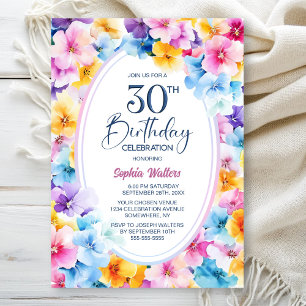 Colourful Floral Oval 30th Birthday Party Invitation