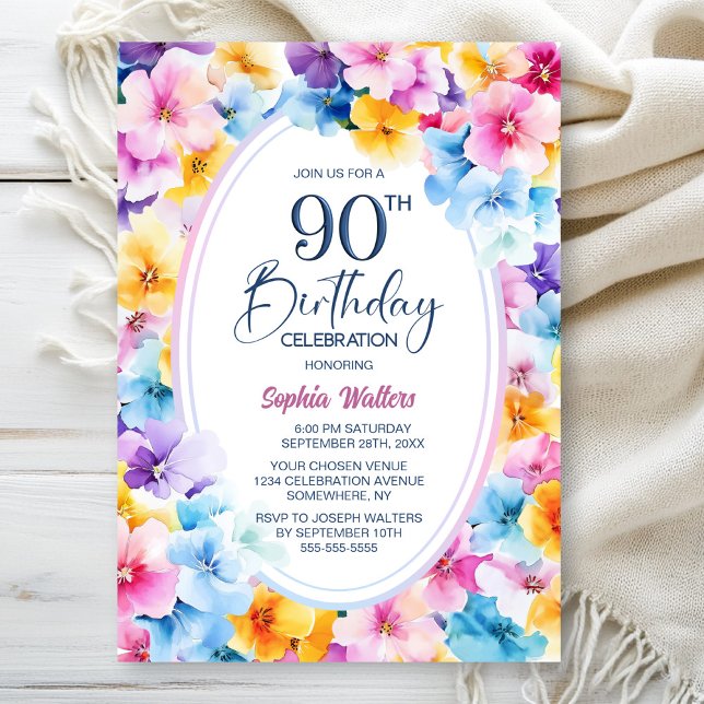 Colourful Floral Oval 90th Birthday Party Invitation (Creator Uploaded)