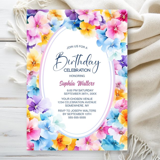 Colourful Floral Oval Birthday Party Invitation (Creator Uploaded)