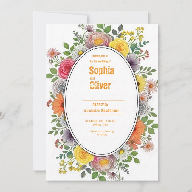Colourful Floral Oval Frame Wedding Invitation (Front)