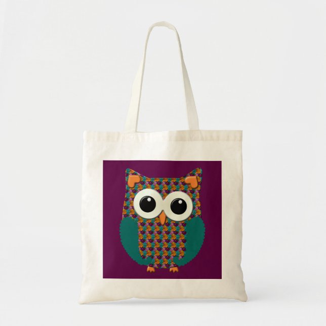 Colourful Floral Owl on Purple Tote Bag (Front)