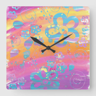 Colourful floral painting square wall clock