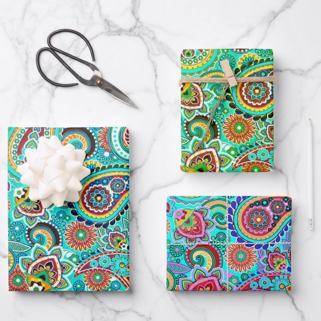 Colourful Floral Paisley Wrapping Paper Sheet (Front)