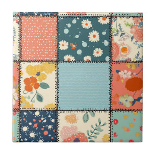 Colourful Floral Patchwork Quilt with Playful Prin Ceramic Tile