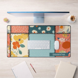 Colourful Floral Patchwork Quilt with Playful Prin Desk Mat