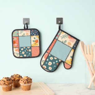 Colourful Floral Patchwork Quilt with Playful Prin Oven Mitt & Pot Holder Set