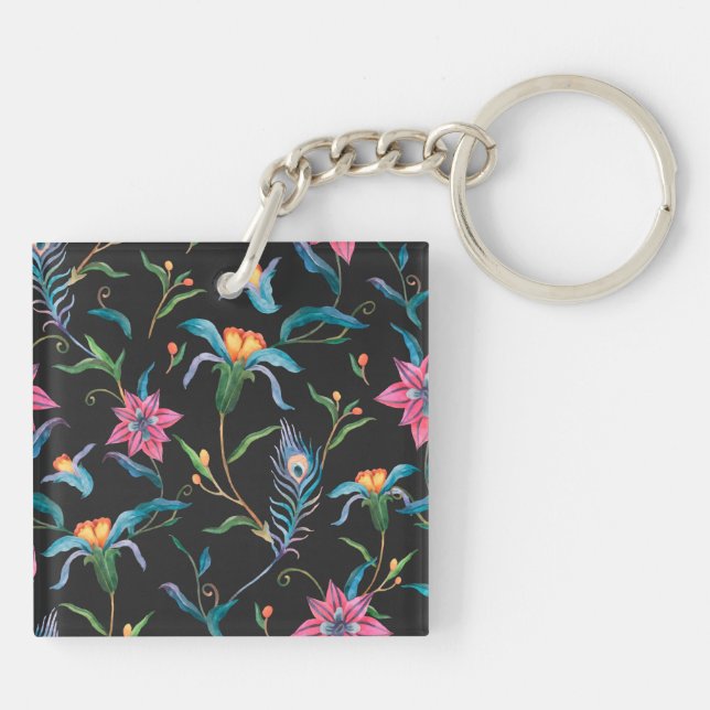 Colourful floral pattern, bold and vibrant key ring (Back)
